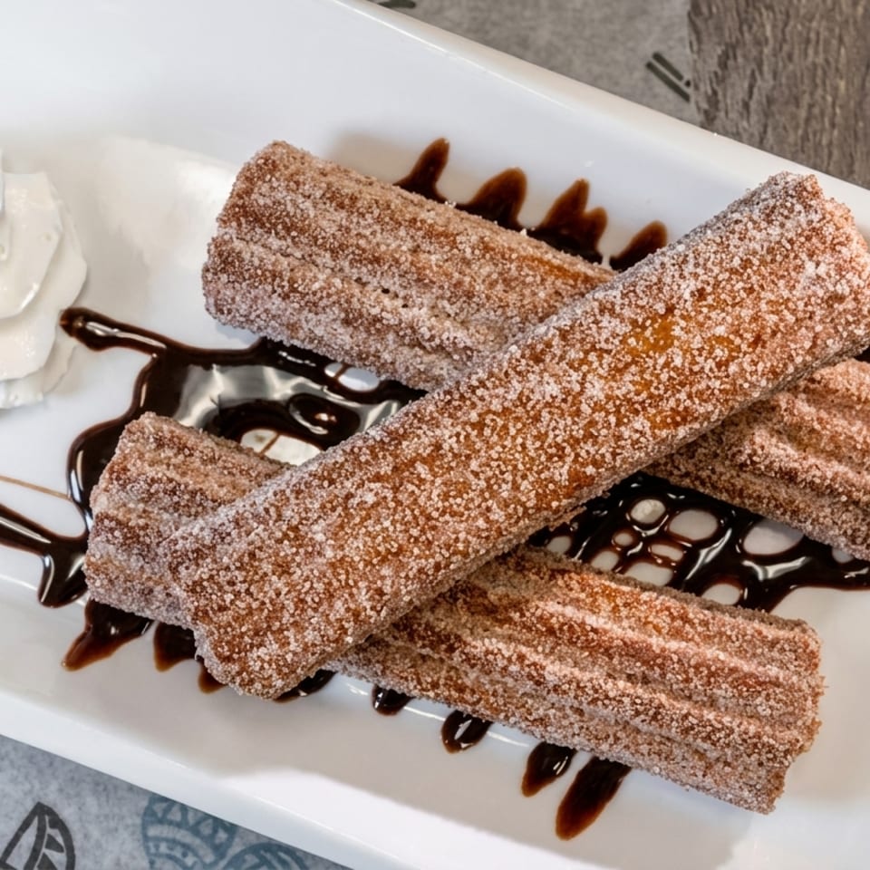 Four sugar-dusted churros with chocolate drizzle and a dollop of whipped cream on a white plate.